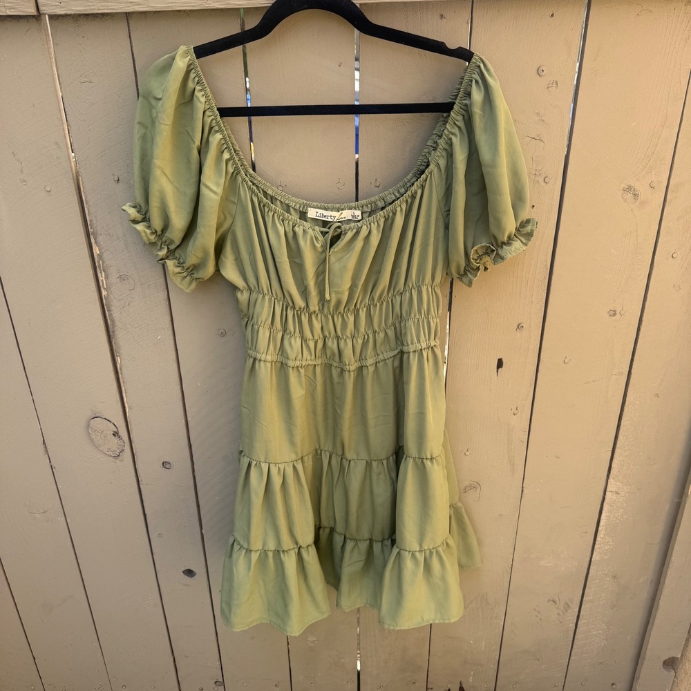 Large Sage Green Smocked Tiered Mini Dress Cottagecore Puff Sleeve Milkmaid flaw